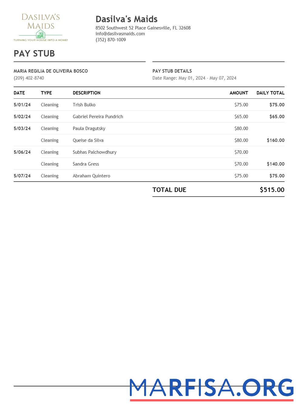Printable Dasilva's Maids pay stub template